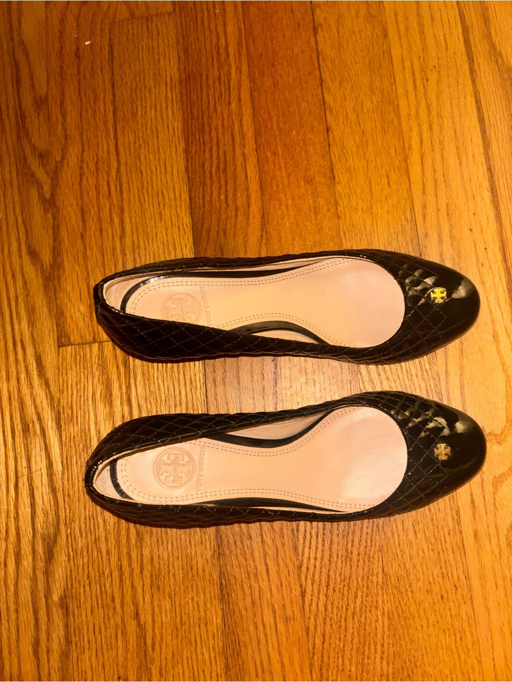 Tory Burch Black Quilted Patent Wedge with Logo Accent